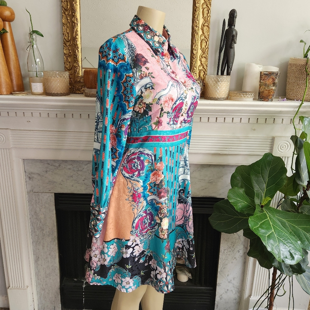 Dalia MacPhee Green Pink Floral Dress Size M Jacquard Bohemian Retro Patchwork - Picture 5 of 10